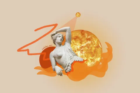 Una mujer mitológica con una imagen de planetas.