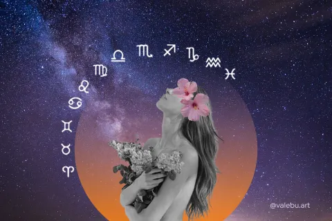 Una ilustración de una mujer abrazando un ramo de flores, rodeada de símbolos astrales.