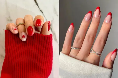 Dos diseños de uñas en color rojo.