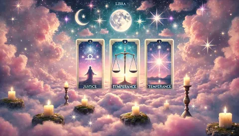 3 cartas de tarot sobre un fondo de cielo.