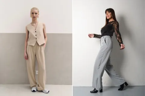 Dos fotos de dos modelos mujeres usando ropa office core de Flores.