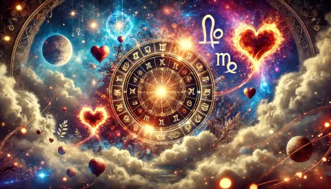 La rueda zodiacal, con los símbolos de los 12 signos astrales, sobre un fondo de nubes y planetas.