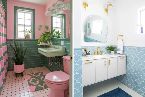 Baños con colores protagonistas donde el blanco queda en el olvido
