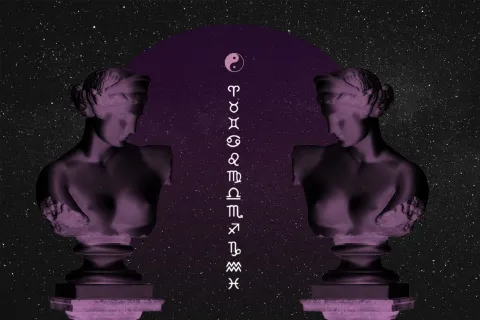 Los signos zodiacales entre dos estatuas con bustos de mujeres.
