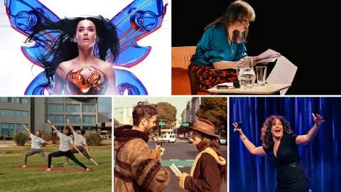 Fotos de diferentes planes: Katy Perry, Mariana Enriquez, gente haciendo yoga.