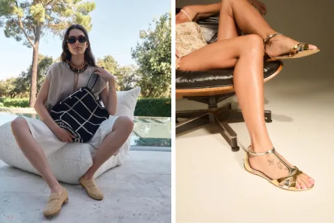 Una mujer con un tote bag y otra con unas sandalias doradas