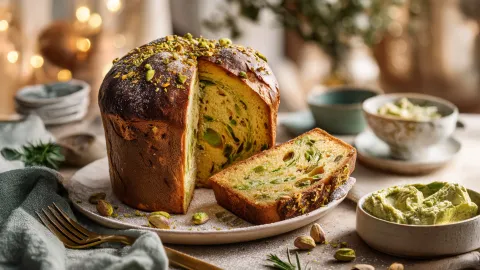 Pan dulce de pistacho cortado en una lonja sobre un plato de cerámica. En el fondo, una mesa con decoración navideña