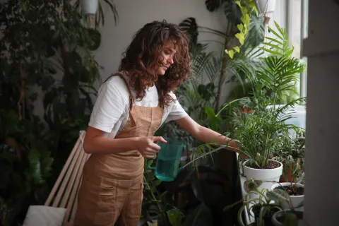 Foto de mujer regando plantas.