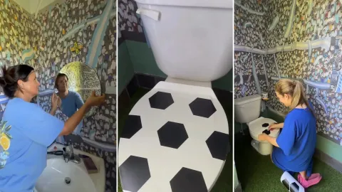 Tríptico de una señora empapelando un toilette con la imagen de messi y una tribuna futbolera del mundial 2026