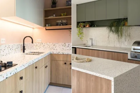 cocina con terrazo en la mesada