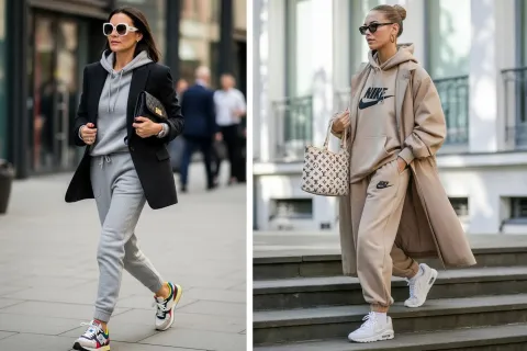 Dos looks con Prendas de inspiración deportiva con básicos urbanos y accesorios