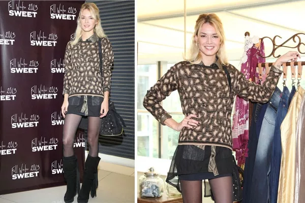 Flor Salvioni fue a conocer la colección de Sweet con un look muy trendy: sweater de animal print, maxi camisa con transparencias, mini negra bien al cuerpo y botas de caña alta con flecos
