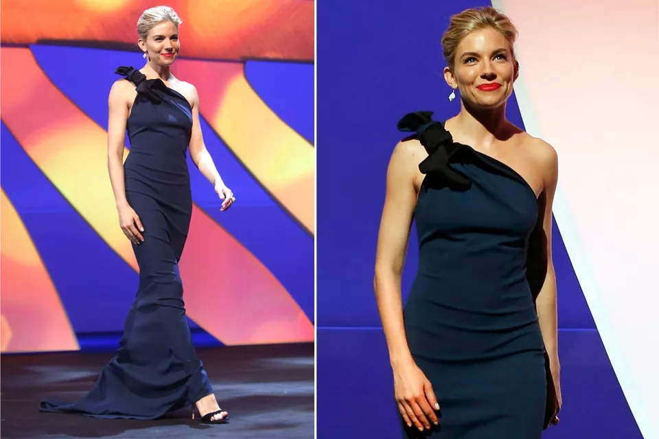 Sienna Miller asistió al evento con un vestido de Lanvin de escote asimétrico, en azul marino
