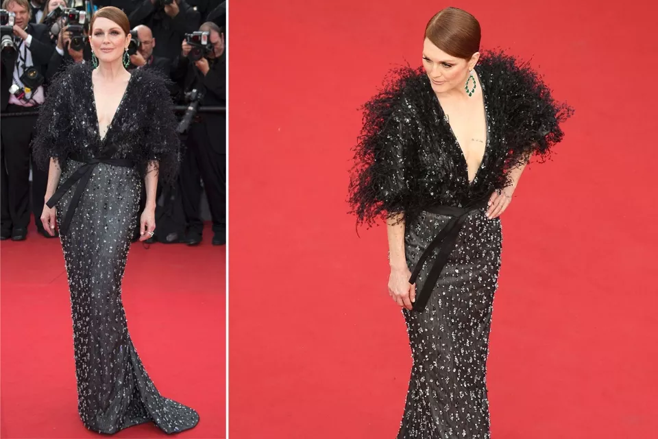 Otra que no defrauda nunca, Julianne Moore, impecable de Armani Privé negro, repleto de pedrería y mega escote y aros de Chopard