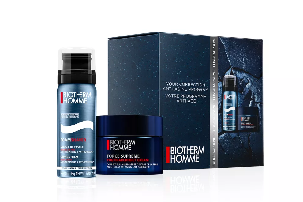 Force Supreme duo Kit, para los que cuidan su piel. Contiene mousse para afeitar y crema multi correctora para pieles sensibles (Biotherm, $2250).