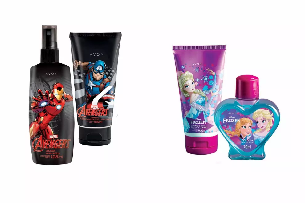 Coquetitos. Avengers shampoo y acondicionador 2 en 1, $160. Frozen, shampoo 2 en 1, $160 + colonia con aroma a tuti frutti, $160, todo de Avon.