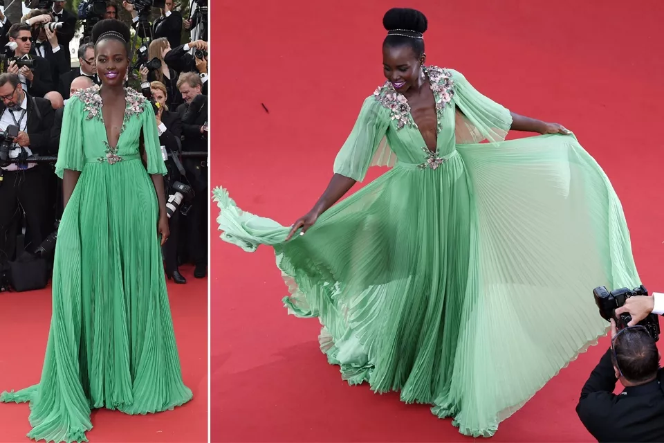 Lupita Nyong''o deslumbró con este Gucci verde de falda plisada y escote con flores. Toda una princesa (¿a alguien le recuerda a su momento Cenicienta en los Oscars 2014?)